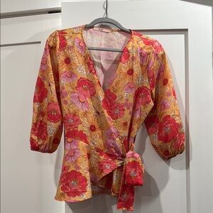 Francesca's Collections Floral Wrap Blouse - Red and Orange